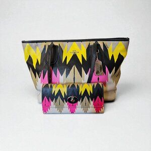 Coach Tote & Wallet Set Black Multicolor Leather Coachella Hawk Feather Rare
